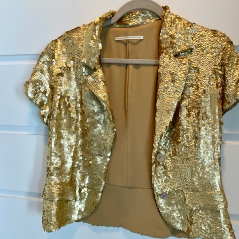 Twelfth Street by Cynthia Vincent matte gold cropped short sleeve blazer jacket